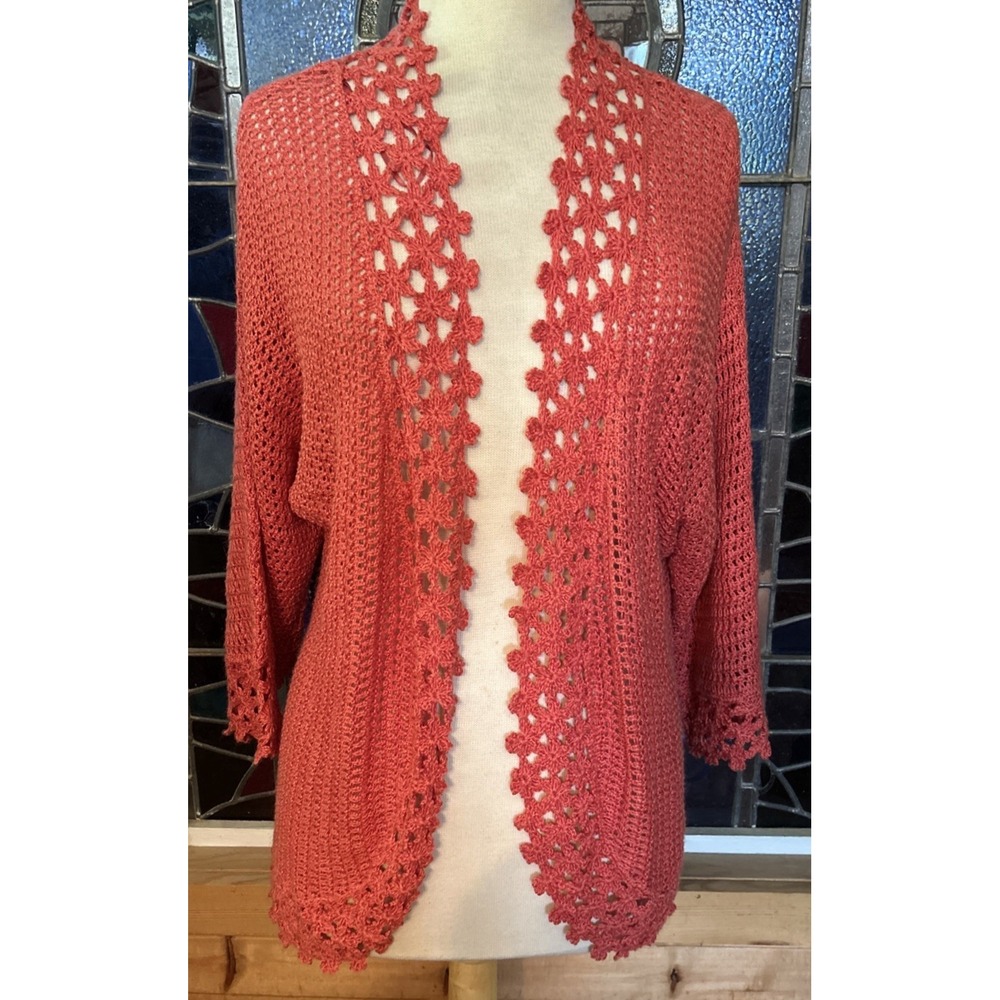 Additions By Chico's Cardigan Crochet Coral Open Front Size 3